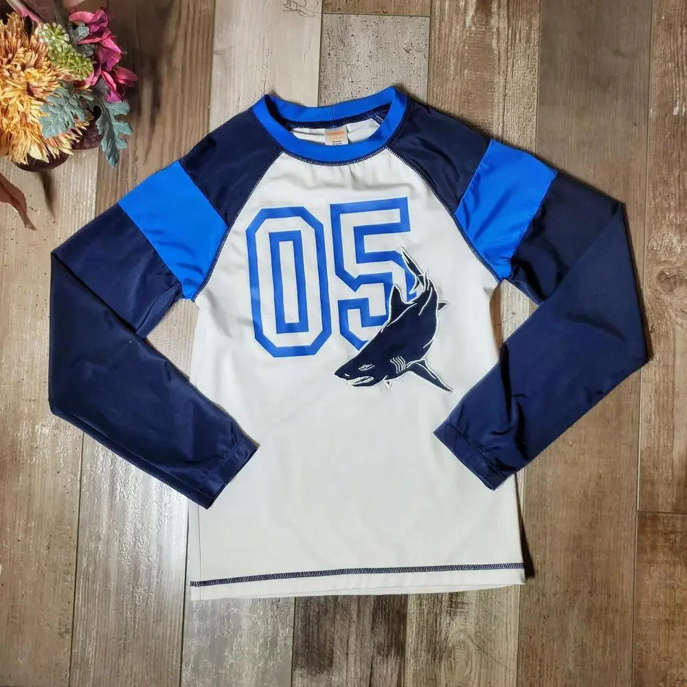 Gymboree Boys Size Large 10-12 White & Blue Shark Long Sleeve Rashguard UPF 50+